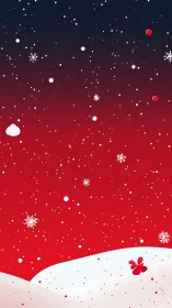 Minimal winter landscape shows snowfall over red gradient sky