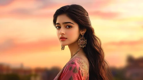 Sunset-gilded portrait of an elegant girl in jeweled silk.
