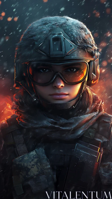 Blazing winter soldier portrait in ember-kissed snowfall.