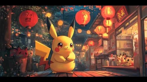 Pikachu illuminated under red lanterns in vibrant night market.