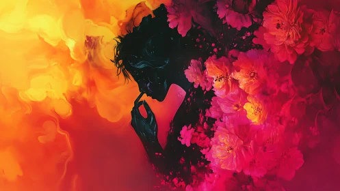 Silhouette in bloom, drifting through molten sunset petals.