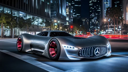 Midnight silver hypercar prowling through neon-lined avenues.