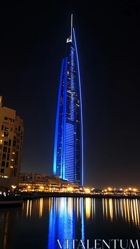 Illuminated blue skyscraper beside waterfront at night.