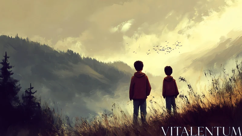 Two figures gazing mountain valley landscape golden atmospheric light