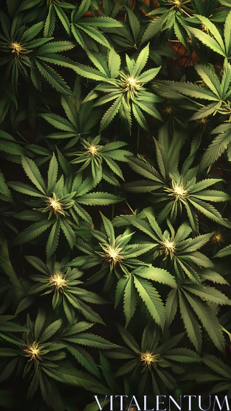 Overhead view records uniform cannabis foliage under light