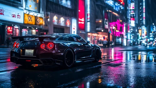 Rain-soaked Nissan GT-R under neon-saturated urban luminance.