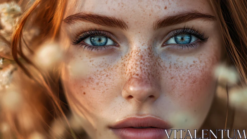 Freckled redhead portrait shows intense blue eyes close up