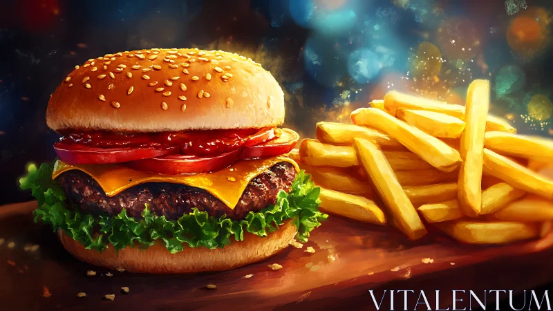 Cheeseburger with fries glows under vivid digital lighting
