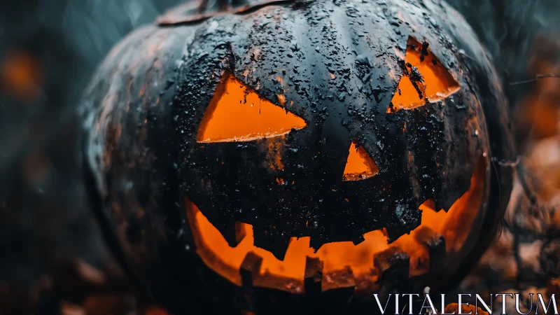 Wet carved jack o lantern with internal glow outdoors.