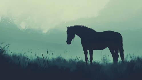Solitary horse stands in misty teal meadow at dawn