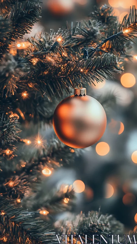 Golden bauble glows softly on warmly lit Christmas tree.