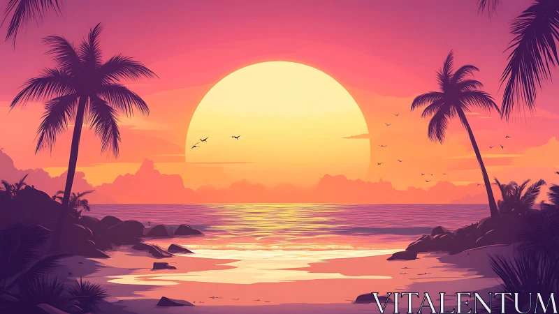 Digital sunset seascape with silhouetted tropical palm forms.