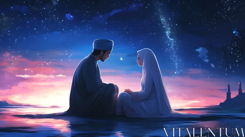 Two Figures Embrace Under Starlit Twilight Sky.