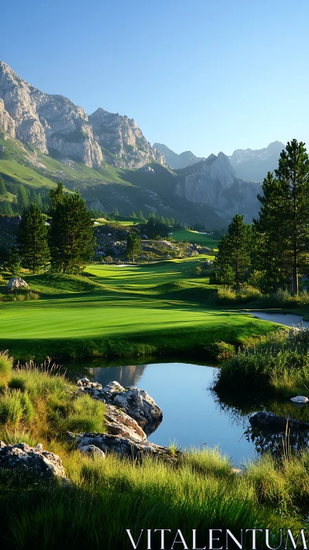 Mountain golf course with pond and distant rocky peaks.