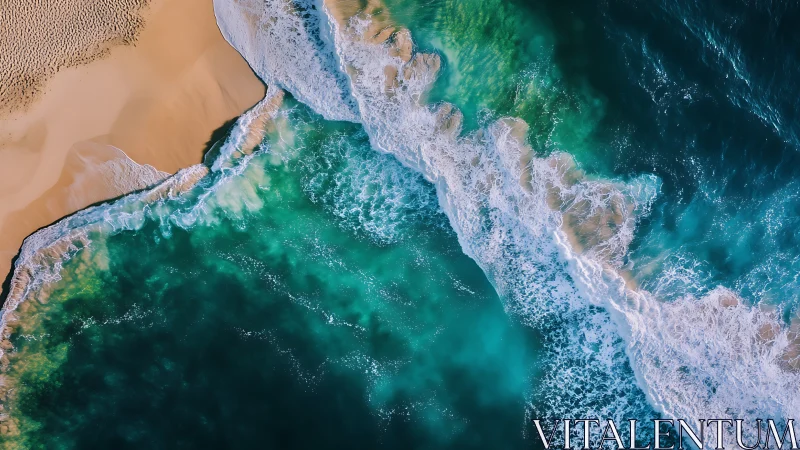High-altitude coastal aerial of breaking turquoise shore waves