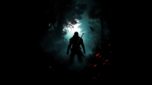 Silhouetted swordsman in backlit forest with red foliage glow