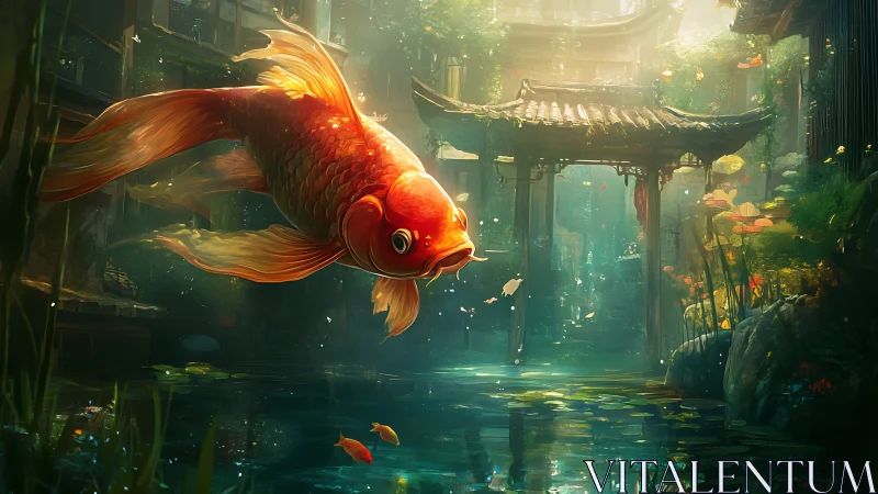 Large orange koi swims before traditional pavilion in pond