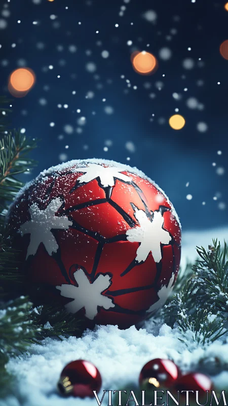 Snow-dusted red ornament with bokeh depth and macro foreground focus