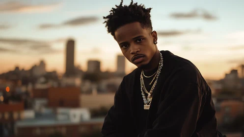 Young man on rooftop at sunset with layered gold chains.