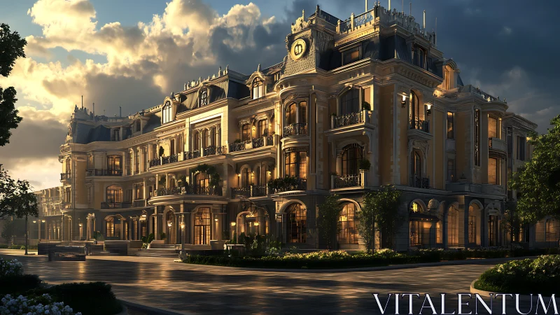 Sunlit neo-baroque luxury residence under dramatic sky