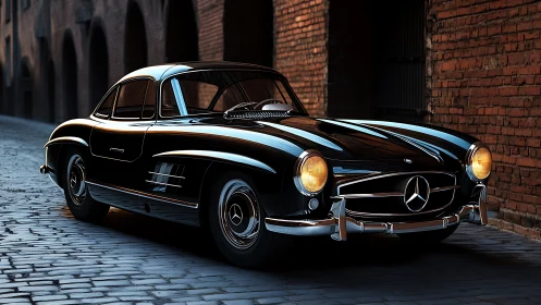 Classic black Mercedes coupe gleams on cobblestone street.