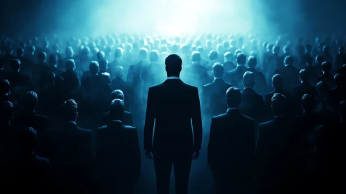 Solitary central figure facing uniform crowd in misty light.