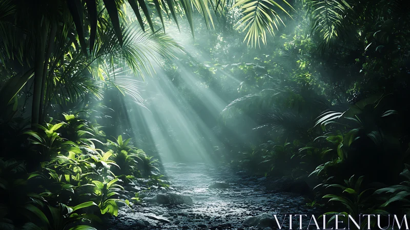 Tropical Forest Stream. Sunlight Through Canopy.