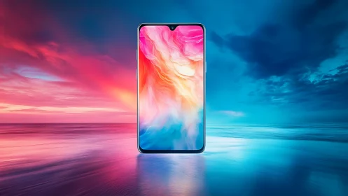 Smartphone device with vibrant gradient display against pink and blue background