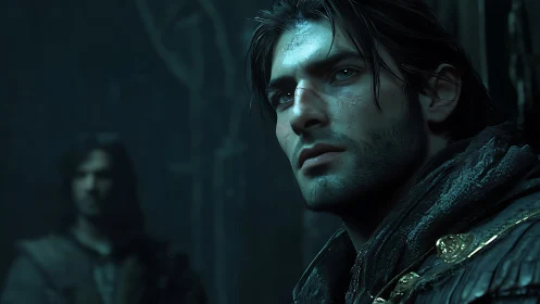 Brooding warrior in dim blue light with distant companion.