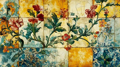 Weathered floral tiles with ornate botanical scrollwork art.