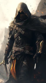 Hooded bladed infiltrator in scorched high-contrast armor.