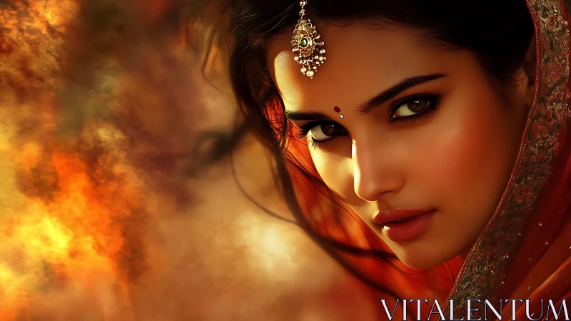 Close-up digital portrait of woman in ornate red veil.