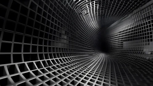 Abstract metallic tunnel of intersecting grids in monochrome style.