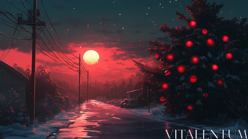 Crimson winter street under low moon and lit pine tree.