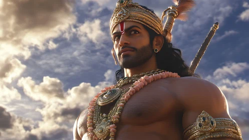 Heroic warrior gazing at the glowing sky with quiet pride.