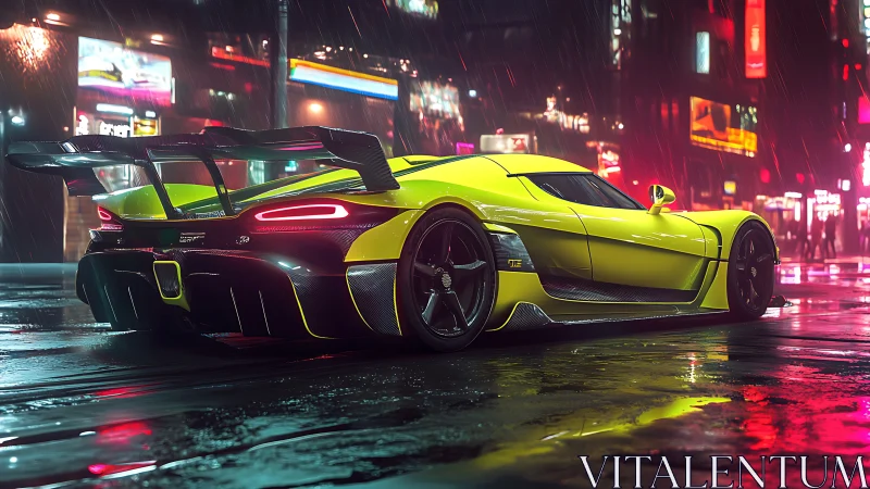 Neon yellow hypercar under cyberpunk rain with glossy reflections.