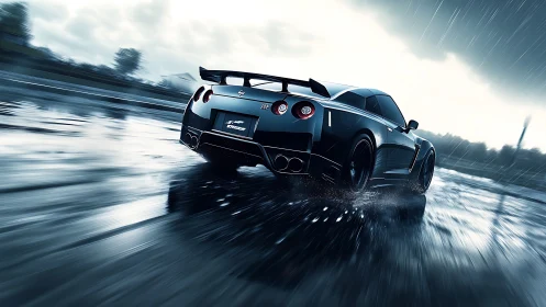 Midnight sports car drifting through reflective rain-slick track.