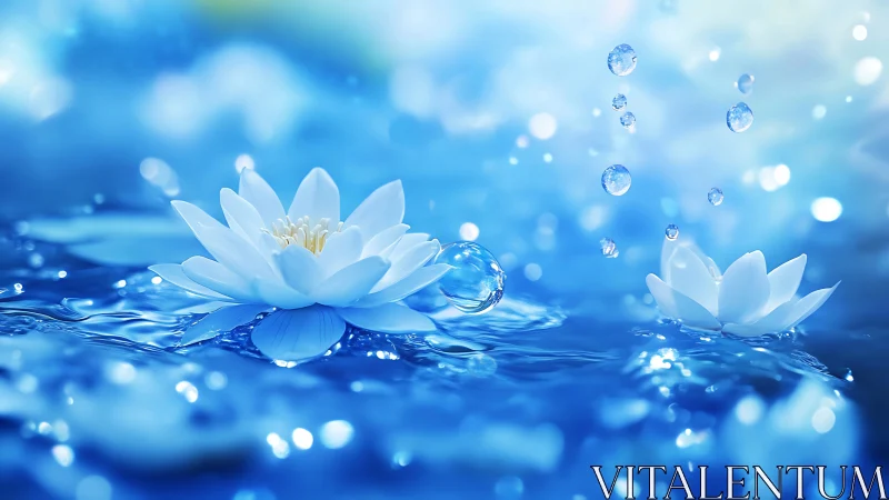 White water lilies floating in blue water with water droplets