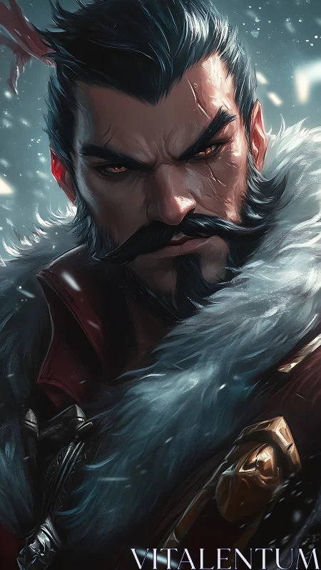 Bearded warrior portrait in fur cloak amid falling snow.