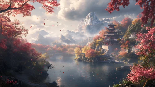Mountain lake landscape presents pagoda among autumn trees