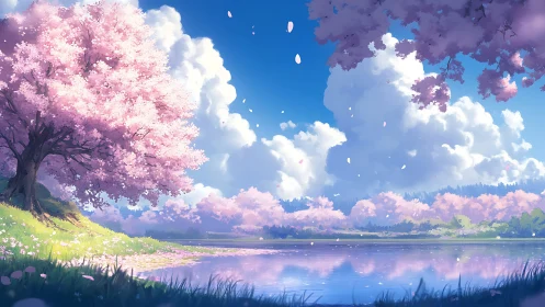 Cherry blossom trees by reflective lake under blue sky.