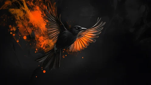 Black bird erupts from orange paint burst on dark field
