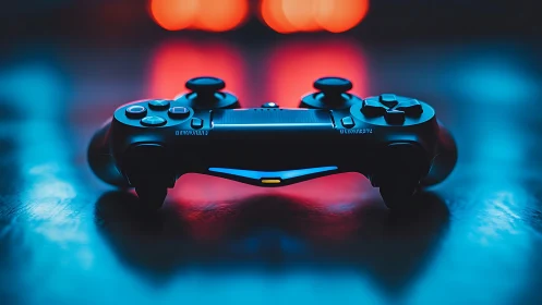 Neon-Lit Gaming Controller in Vibrant Cyan and Crimson.