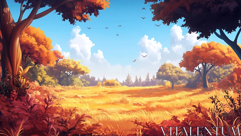 Golden autumn meadow under bright sky and drifting birds.