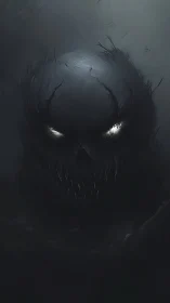 Dark monstrous skull face with glowing predatory eyes.