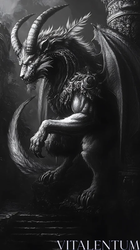 Majestic horned dragon guardian resting in shadowed ruins.