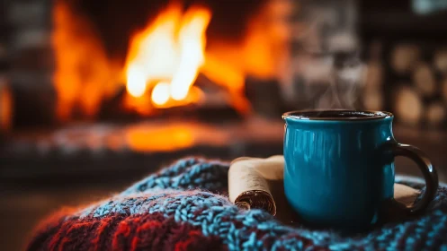 Campfire Warmth: Blue Enamel Mug and Cozy Knit Blanket.