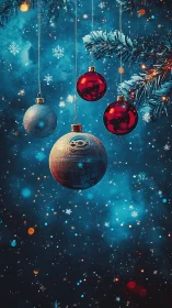 Christmas tree baubles hang amid snowflakes on blue background