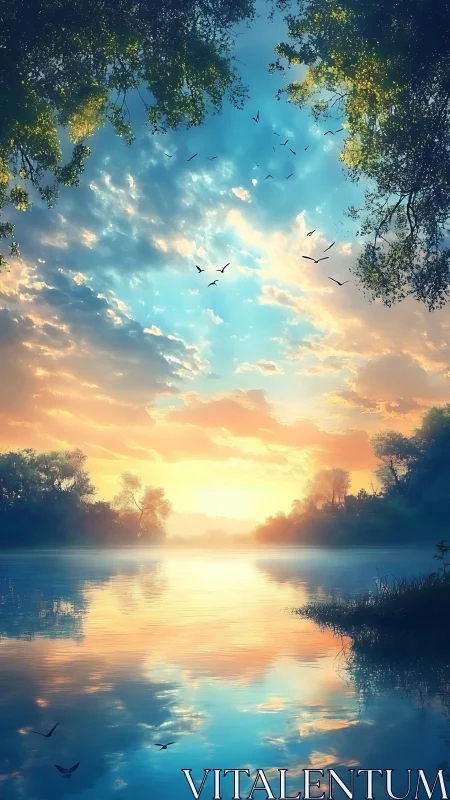 Sunrise river glow with quiet birds and soft painted clouds.