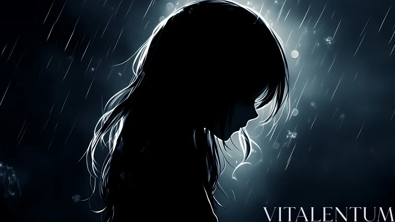 Quiet silhouette in the rain, where tender thoughts linger.